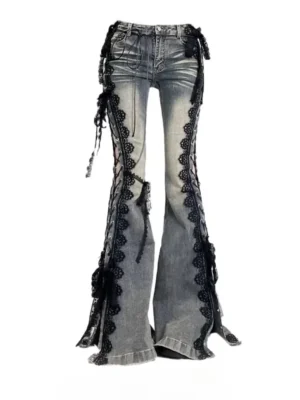 2025 Lace Up Flare Jeans Retro Stitch Lace Whiskers Slim Low Rise Split Bootcut Pants Women Bottoms Streetwear Chic