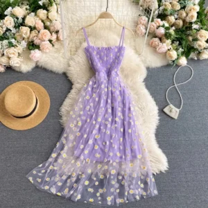YuooMuoo Women Dress 2025 New Korean Fashion Floral Print Spaghetti Straps Mesh Party Dress Vacation Style Lady Beach Vestidos - Image 4