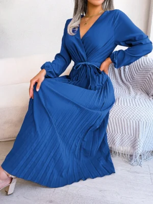 Women Elegant V Neck Long Sleeve Pleated Maxi Dress - Image 4