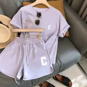 2024 Women's Summer Suit Loose Short Sleeve T-Shirt Casual Shorts Sports Print Letters Casual Two-Piece Set - Image 5
