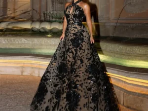 Ranmo 2025 Luxury A Line Black Prom Dresses Halter Evening Dress Sequined Lace Sleeveless Floor-Length Birthday Party Dress New