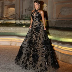 Ranmo 2025 Luxury A Line Black Prom Dresses Halter Evening Dress Sequined Lace Sleeveless Floor-Length Birthday Party Dress New