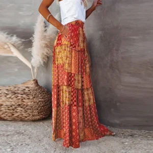 2023 Amazon New Bohemian Style Skirt Casual High-Waisted Long Dress Manufacturer Direct Supply Loose-Fit European Fashion