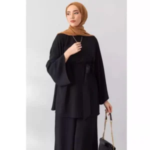 Eid Muslim Two Piece Set Islam Women Lace Up Shirt Wide Leg Pants Suits Ramadan Turkey Outfits Modest Morocco Abayas Ensembles - Image 5