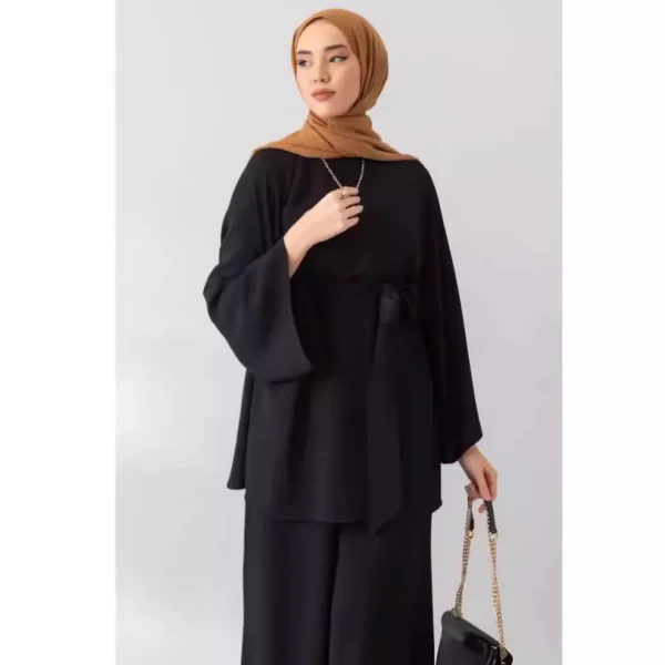 Eid Muslim Two Piece Set Islam Women Lace Up Shirt Wide Leg Pants Suits Ramadan Turkey Outfits Modest Morocco Abayas Ensembles - Image 5