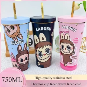 LABUBU Car Cup Portable Stainless Steel Straw Cup Large Capacity Cute Thermos Cup Cartoon Design Perfect Gift for Friends Family