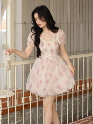 Floral Sweet Fairy Bodycon Dresses for Women Elegant Party Print French Female Korean Fashion Cute Mini Dress Summer 2024 Pink - Image 5