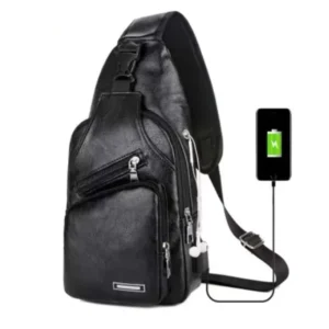 Simple and Fashionable Casual Solid Color PU Multifunctional USB Charging Zipper MEN'S Chest Bag Crossbody Bag for Commuting - Image 5