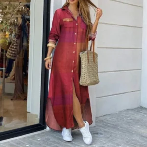 Long Sleeve Dress Plaid Robe Maxi Beach Dress Summer Elegant Women Button Irregular Shirt Dress Split Print Lapel Party Robe - Image 5