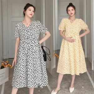Loose Summer Maternity Wear Mid-length Dress Fashionable V-neck Flower Print Outdoor Summer Breastfeeding Clothes - Image 3