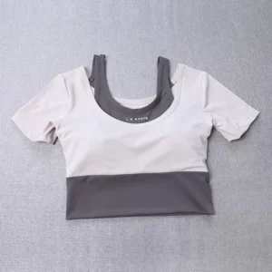Women's 2-in-1 Built-in Bra Tight Yoga Top Quick-Dry Cropped Workout Shirt Summer Fitness Training Short Sleeve - Image 5