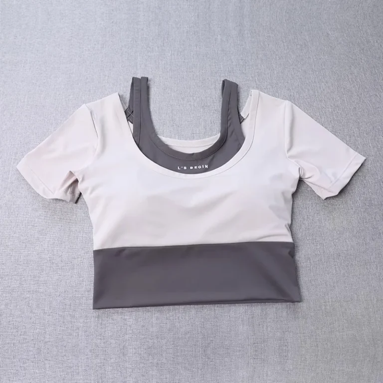 Women's 2-in-1 Built-in Bra Tight Yoga Top Quick-Dry Cropped Workout Shirt Summer Fitness Training Short Sleeve - Image 5