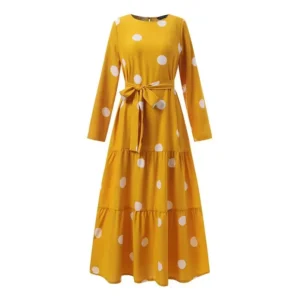 New Muslim Casual Large Polka Dot Print round Neck Overhead Long Sleeve Belted Full Skirt Long Robe Dress Elegant Women's Wear - Image 6