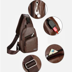 Simple and Fashionable Casual Solid Color PU Multifunctional USB Charging Zipper MEN'S Chest Bag Crossbody Bag for Commuting - Image 4