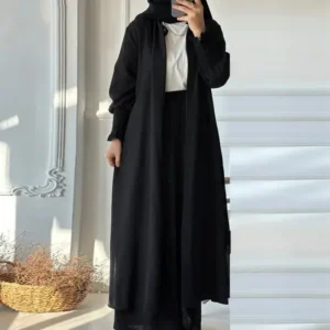 Muslim 2 Piece Women Long Coat Wide Leg Pants Suit Ramadan Morocco Dubai Islam Casual Ensemble Kimono Musulmane Arabic Outfits - Image 6