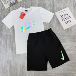 Nike Men's Exercise Sets, Reflective Logo, High Quality, Loose, Fashionable Short Sleeved and Shorts Suits, White/Black - Image 5