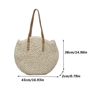 Summer Round Straw Women Vacation Woven Beach Shoulder Bag Large Capacity Hollow Out Simple Tote Bag - Image 7