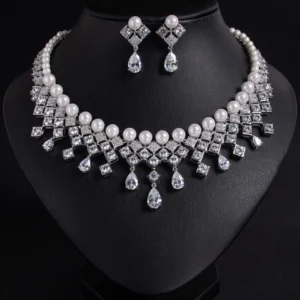 New Pearl Zirconia Drops Luxury Necklace Earrings Ladies Jewellery Set Necklace Earrings Party Wedding Gift Accessories M-306 - Image 3