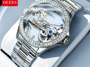 OLEVS Fully Hollow Watch for Women Automatic Mechanical Women's Watches Luminous Luxury Stainless Steel Diamond Inlay Wristwatch