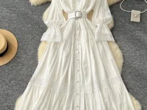 Ele Lace Trim A-Line Dr Women's Autumn Faion Retro Stand Collar Waist-Cinching Single Button Flared Long Skirt