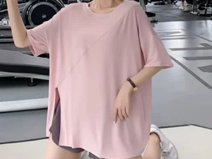 Women's yoga sports short sleeved, split quick drying loose cover shirt, thin yoga T-shirt, plus size fitness top
