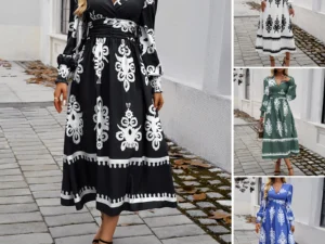 Vintage Printed Dresses For Women 2024 New Spring Autumn Midi Dress V-neck Long Sleeve Casual A-Line Hem Holiday Dress