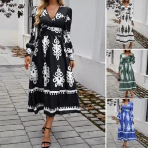 Vintage Printed Dresses For Women 2024 New Spring Autumn Midi Dress V-neck Long Sleeve Casual A-Line Hem Holiday Dress