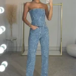 Women's Sparkling Rhinestone Denim Set Corset Shaping Crop Top Matching Slim Fit Jeans Party Clubwear Nightclub Cowgirl Style