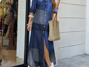 Long Sleeve Dress Plaid Robe Maxi Beach Dress Summer Elegant Women Button Irregular Shirt Dress Split Print Lapel Party Robe