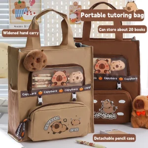 Kawaii Capybara Tutoring Bag, Primary School Student Canvas Storage File Bag, Cartoon Printing Large Capacity Tutoring Bag