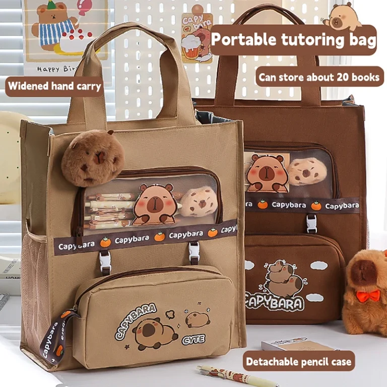 Kawaii Capybara Tutoring Bag, Primary School Student Canvas Storage File Bag, Cartoon Printing Large Capacity Tutoring Bag
