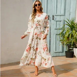 2023 Sping Summer Bohemian Women Maxi Dress Casual Long Sleeve High Waist Beach Woman Chiffon Dresses Floral Vestidoes Mujer New - Image 4