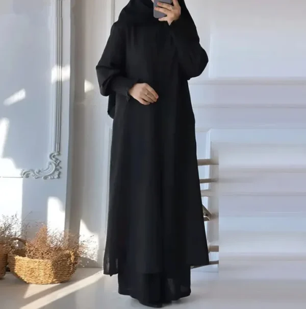 Muslim 2 Piece Women Long Coat Wide Leg Pants Suit Ramadan Morocco Dubai Islam Casual Ensemble Kimono Musulmane Arabic Outfits - Image 5