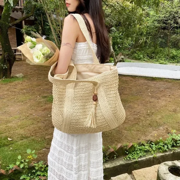Fashion Large Capacity Fringe Pendant Handmade Straw Handbag Women Holiday Beach Casual Tote Top-Handle Bags Retro Shoulder Bags - Image 3