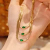 LUOWEND 100% 18K Yellow Gold Necklace Fashion Snake Bone Chain Shiny Diamond Natural Swat Emerald Necklace High Women's Jewelry - Image 3