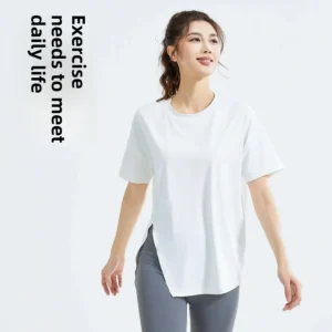 Spring Autumn New Yoga Suit Side Slit Loose-Fit Sports Short Sleeves Running T-Shirt Top Women's Elastic Comfortable Fitness Wea - Image 3