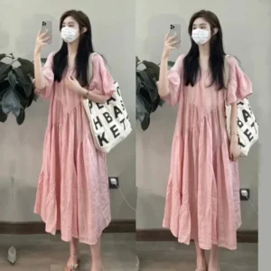 Maternity Dress Summer New Korean Fashion Short Sleeve Cotton Lin Loose Women Pregnant Women Dress Comfortable Breathable