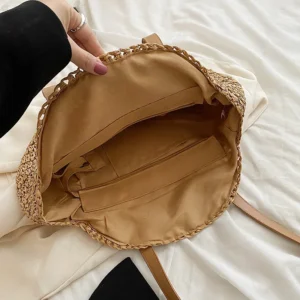 Summer Round Straw Women Vacation Woven Beach Shoulder Bag Large Capacity Hollow Out Simple Tote Bag - Image 6