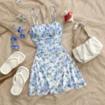 Mia Muse Dresses Summer Casual Floral Print Sleeveless Square Neck Folds Mini Daily Cami Dresses For Women