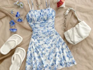 Mia Muse Dresses Summer Casual Floral Print Sleeveless Square Neck Folds Mini Daily Cami Dresses For Women
