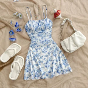 Mia Muse Dresses Summer Casual Floral Print Sleeveless Square Neck Folds Mini Daily Cami Dresses For Women