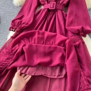 Women's Autumn Waist Sweet Clothing French Vintage O Neck Hollow Out Lace Patchwork Long Lantern Sleeves Korean Fashion Dresses - Image 6