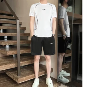 Nike Sports Suit Men and Women Embroidery Polyester Fiber Regular Fit Short Sleeved and Shorts Two-piece Set Black Green - Image 5