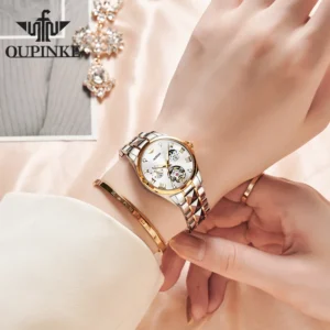 OUPINKE 3202 Women Watch Original Tungsten Steel Moon Phase Waterproof Watch Luxury Swiss Brand Women Automatic Mechanical Watch - Image 5