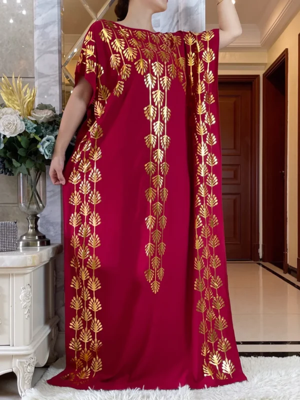 Dubai New Abaya For Women Summer Short Sleeve Cotton Dress Gold Stamping Loose Lady Maxi Islam African Dress With Big Scarf - Image 7