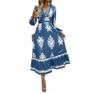 Elegant Print V-Neck A- Line Dress Women's Autumn Winter Fashion Dress Classy Skirt Elegant Style Cross-Border Clothing - Image 6