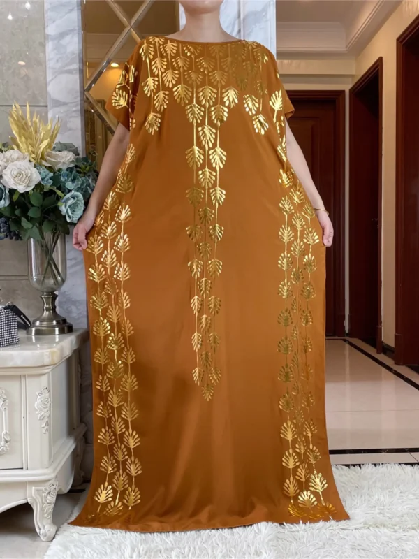 Dubai New Abaya For Women Summer Short Sleeve Cotton Dress Gold Stamping Loose Lady Maxi Islam African Dress With Big Scarf - Image 6