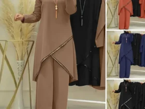 Women Eid Musulman Ensemble Muslim Sets Solid Blouses Wide Leg Pants Ramadan Morocco Two Pieces Dubai Kaftan Loose Modest