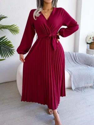 Women Elegant V Neck Long Sleeve Pleated Maxi Dress - Image 3