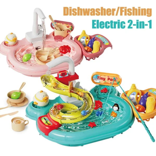 Children Puzzle Pretend Play Toys Dishwashing Basin Toys Gift Kitchen Interactive Toys 2-in-1 Slide Fishing Montessori Toys - Image 3